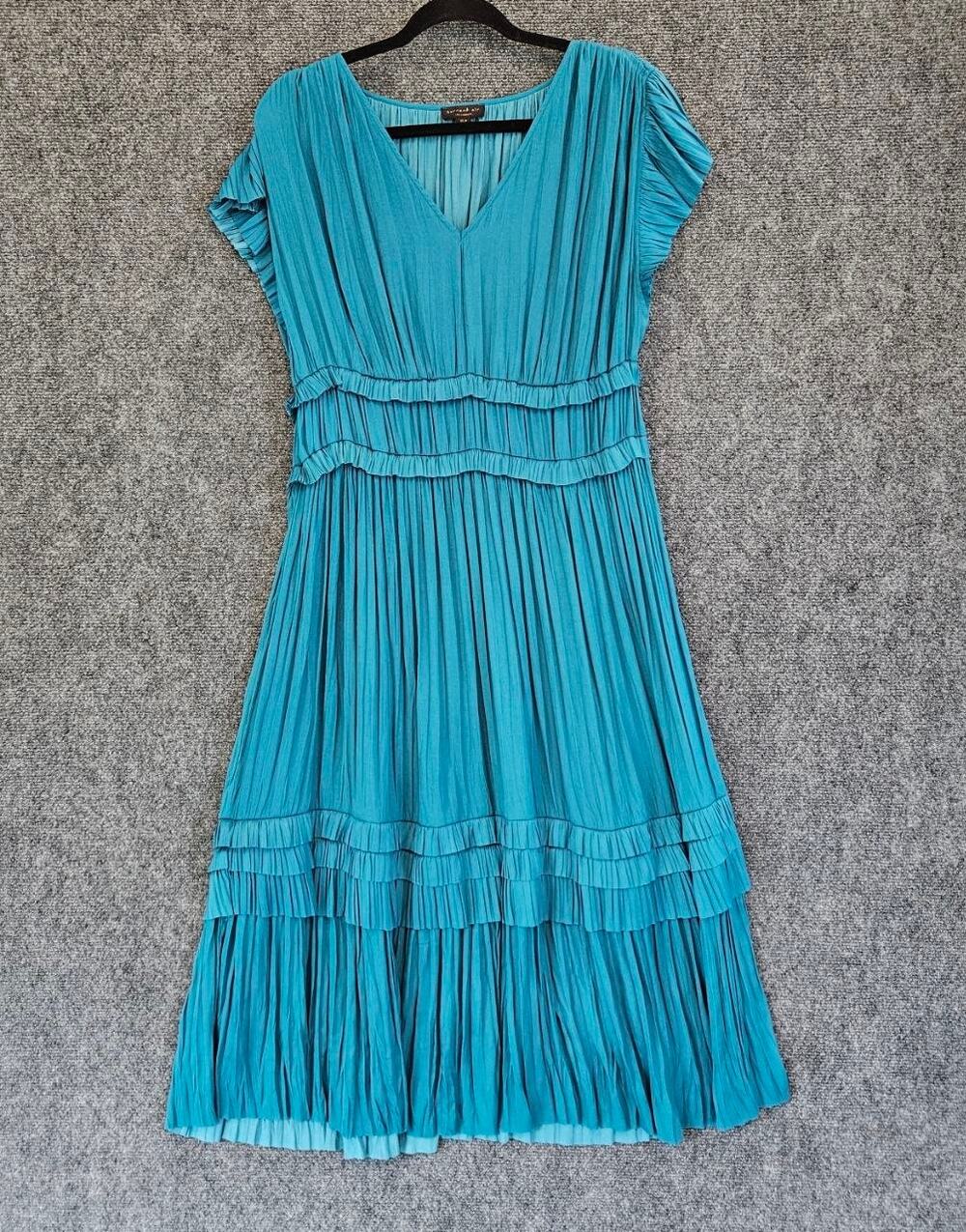 Anthropologie Current Air Pleated Ruffle Midi Dress Blue Teal V-Neck XL Petite